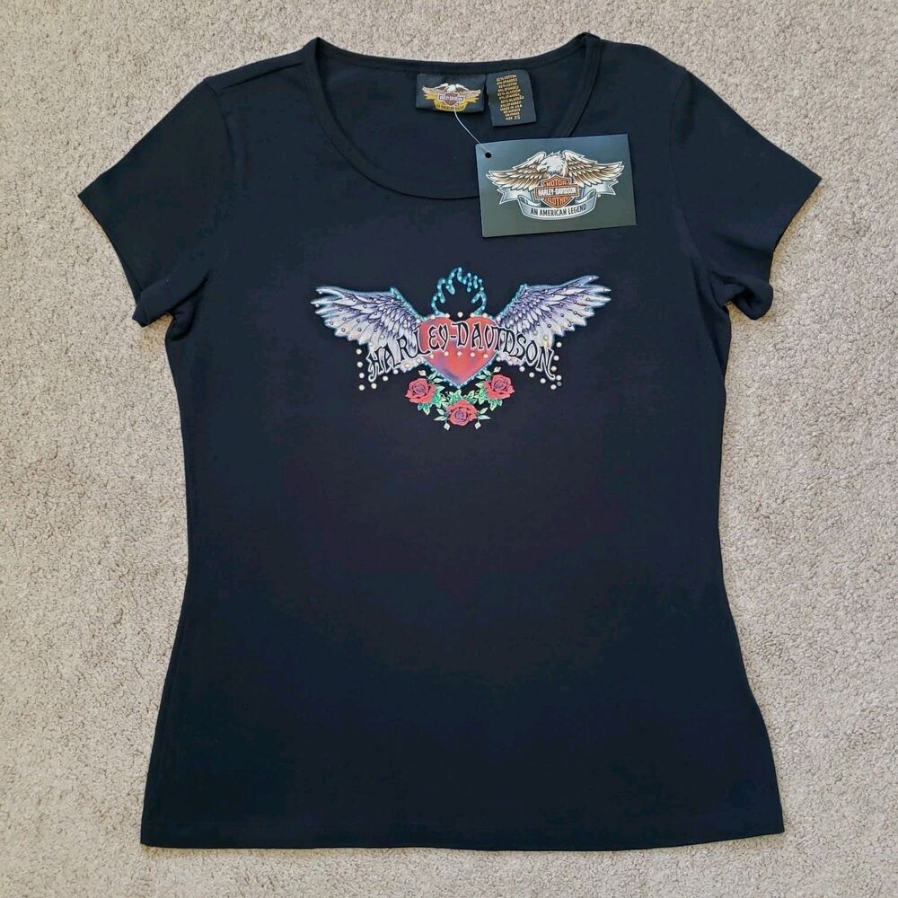 Nwt Vtg 90s Harley Davidson Sinfully Sweet Tee Rhinestones Angel Wings Black XS